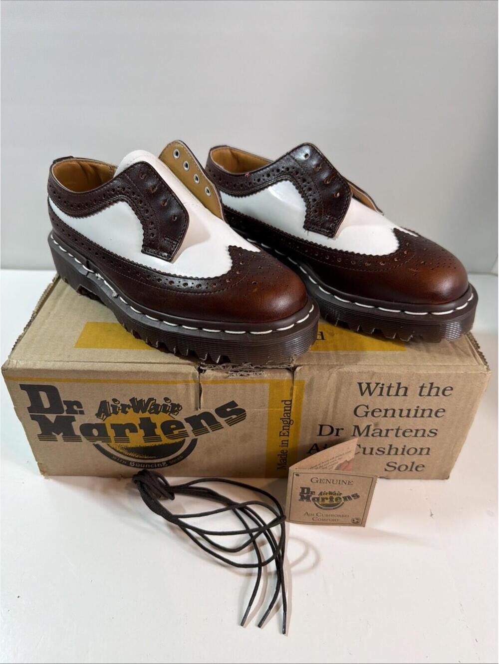 VTG NWT Dr. Martens Size 4 Made in England 3989 Brogue Brown Cream Wing Tip RARE
